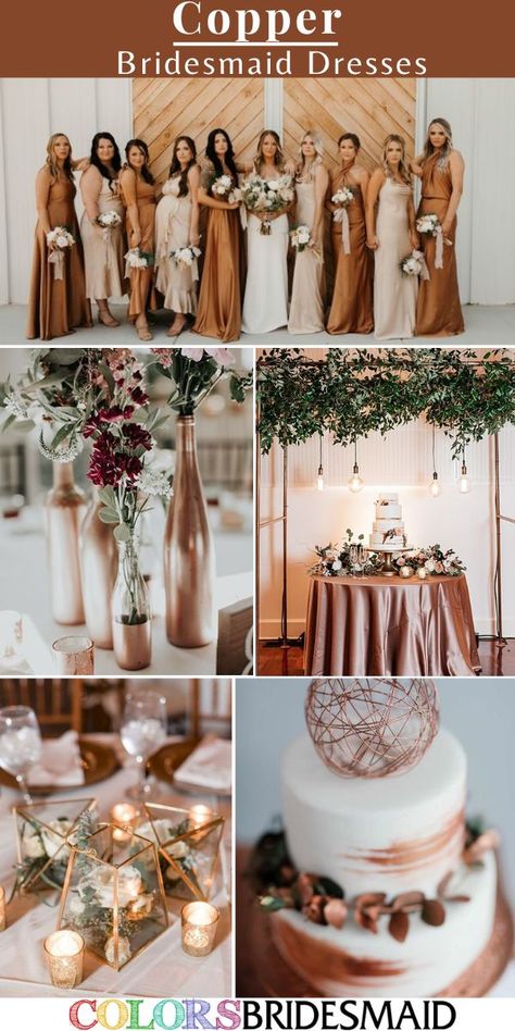 Copper bridesmaid dresses on sale under $100, in 600+ custom-made styles and all sizes, gold wedding table décor, cooper wedding tablecloth and wedding cake decorations. #colsbm #bridesmaids #bridesmaiddresses #weddingideas #cooperwedding #weddingcenterpieces #weddingcake #weddingtabledecor #weddingtablecloth #copperdress b2186 Bridesmaid Dresses Copper, Bronze Wedding Decorations, Wedding Colora, Copper Wedding Dress, Bronze Bridesmaid Dresses, Copper Wedding Theme, Copper Wedding Colors, Copper Bridesmaid, Copper Bridesmaid Dresses