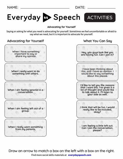 Self Advocacy Activities For High School, Self Advocacy Activities For Kids, Self Advocacy Activities, Everyday Speech, Sensory Disorder, Life Skills Lessons, Self Advocacy, Values Education, Speech Activities