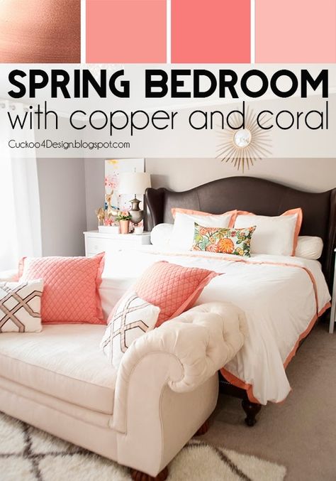 Copper, Coral and Blush Bedroom | Cuckoo4Design Coral Bedroom Decor, Comfy Bedrooms, Pink Office Chair, Blush Bedroom, Coral Bedroom, Best Bedroom Colors, Coral Pillows, Color Coordination, Spring Bedroom