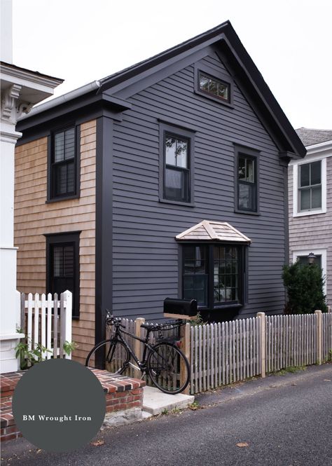 12 Dark Exterior Paint Colors We're Loving-In Action! - Chris Loves Julia Dark Exterior House Colors, Dark Exterior House, Benjamin Moore Wrought Iron, Steel Homes, Benjamin Moore Exterior, Awesome Houses, Black Paint Color, Clapboard Siding, Gray House