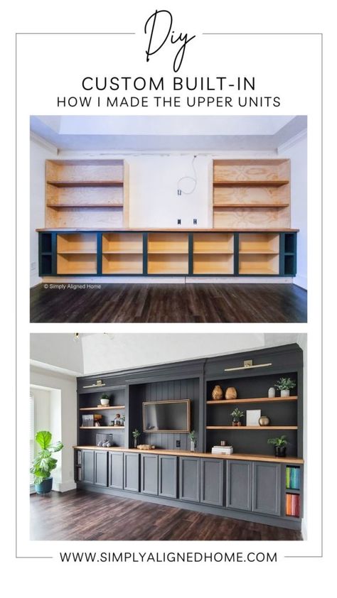 Homemade Built In Shelves, Faux Built In Cabinets, Home Depot Built In Cabinets, Custom Shelving Around Tv, Black Living Room Cabinets, Living Room Built Ins Diy, Built In Book Shelves Living Room, Custom Cabinets Built Ins, Stock Cabinets For Built In