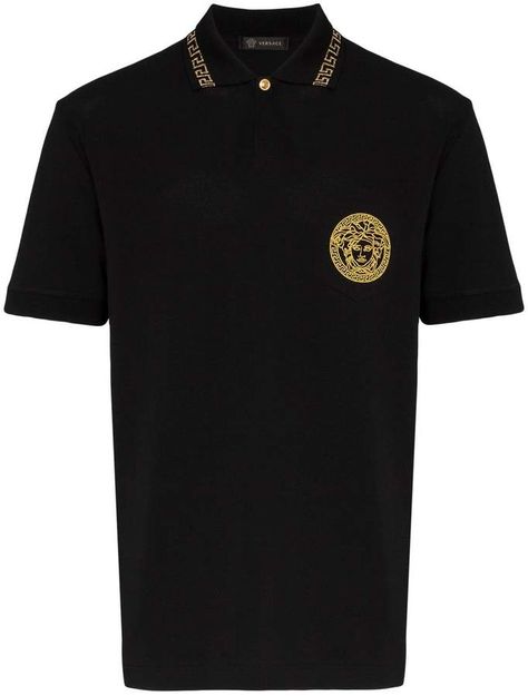 Versace medusa embroidered cotton polo shirt Versace Clothes, Medusa Face, Hugo Boss Suit, Pocket Embroidery, Polo Shirts For Men, Versace Logo, Black Polo Shirt, Versace Shirt, Versace Outfit