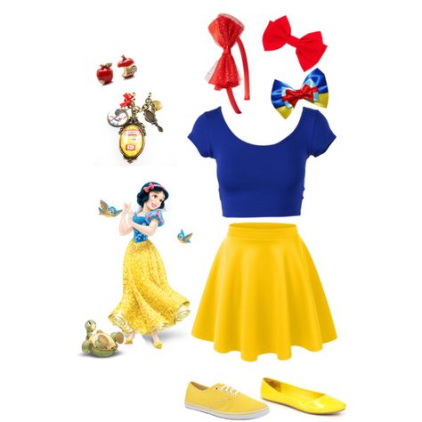 A modern take with a dark blue crop top and yellow skater skirt. You can pair it with some yellow flags or sneakers. Don't forget to have a cute lil headband or... Disneybound Princess, Snow White Outfits, Disney Character Outfits, Disney Bound Outfits Casual, Princess Inspired Outfits, Snow White Costume, Disney Themed Outfits, Cute Disney Outfits, Snow White Disney