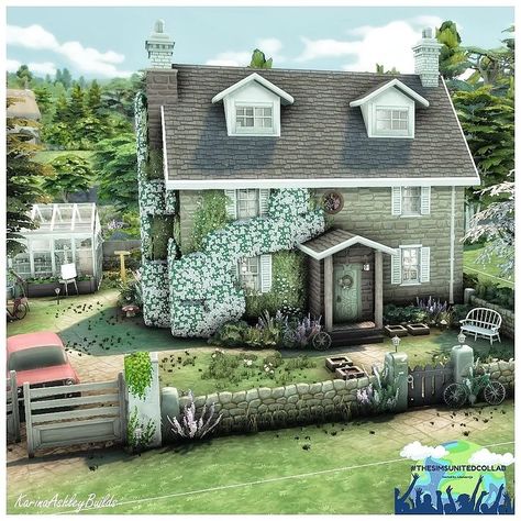 Dream Cottage. This is part of the #thesimsunitedcollab by @jubeleentje . The collab rules are to build your dream house and explain it.… | Instagram The Sims Cottage House, Green Walls And Curtains, Sims Cottage House, Henford On Bagley, Big Greenhouse, Sims4 Lookbook, British Houses, Queen Anne House, Sims Houses