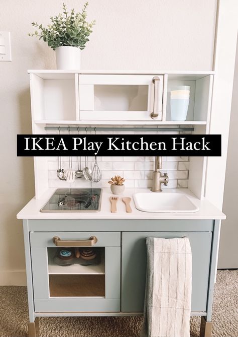 Ikea Play Kitchen Diy Makeover, Toddler Ikea Kitchen, Ikea Play Kitchen With Fridge, Diy Ikea Toy Kitchen, Ikea Baby Kitchen, Ikea Play Kitchen Remodel, Ikea Kallax Play Kitchen, Diy Toy Kitchen Makeover, Neutral Play Kitchen