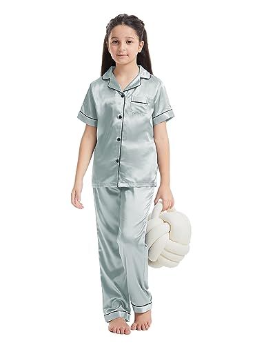 Veseacky Unisex Satin Pajamas Set Boys Girls Silk Pjs Short Sleeve 2 Piece Sleepwear Button-Down Kids Nightwear(4-13T) Satin Pajamas Set, Silk Pjs, Classic Pajamas, Kids Nightwear, Silk Satin Fabric, Pj Shorts, Silk Pajama Set, Satin Pyjama Set, Satin Pajamas