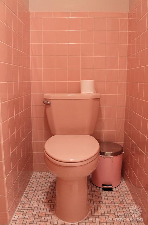 Kate designed and built a pink bathroom for her 1960s house -- here, she talks about her 12 favorite features of the bathroom. Pink Toilet Room, Pink Bathroom Remodel, Black Bathrooms, Tile Bathrooms, Retro Pink Bathroom, Colourful Bathroom, Pink Toilet, Pink Tile, 1960s House