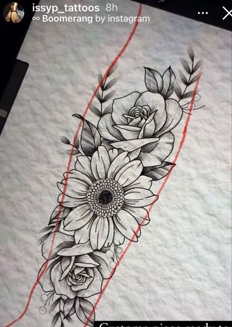 Roses Sunflowers Tattoo, Sunflower Rose Tattoo Design, Roses And Sunflowers Tattoo Half Sleeves, Sunflower And Roses Tattoo, Roses And Sunflowers Tattoo, Rose And Sunflower Tattoo, Sunflower And Rose Tattoo, Unique Half Sleeve Tattoos, Sunflower Tattoo Sleeve