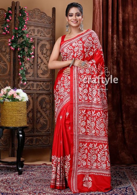 Candy Red Hand Embroidered Kantha Stitched Saree | Blended Bangalore Silk Saree | Kantha Work Silk Saree | Partywear Saree Kantha Work, Kantha Stitch, Red Candy, Desi, Silk Sarees, Hand Embroidered, Saree, Silk, Red