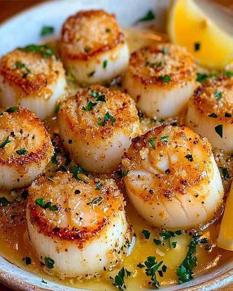 Panko Crusted Scallops, Seared Scallops With Garlic Basil Butter, Garlic Butter Scallops Pasta, How To Cook Scallops In Cast Iron, Sauteed Shrimp And Scallops, Baked Scallops Bread Crumbs, Scallops In Cream Sauce, Hibachi Scallops Recipe, Easy Scallops Recipe