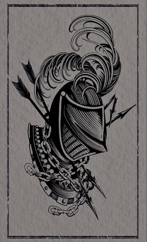 Medieval Helmet Tattoo, Medieval Tattoo Ideas Middle Ages, Neo Traditional Patchwork, Philosopher Tattoo, Mid Evil Tattoos, Skull Knight Tattoo, Knight Helmet Tattoo, Midevil Tattoos, Front Hip Tattoo