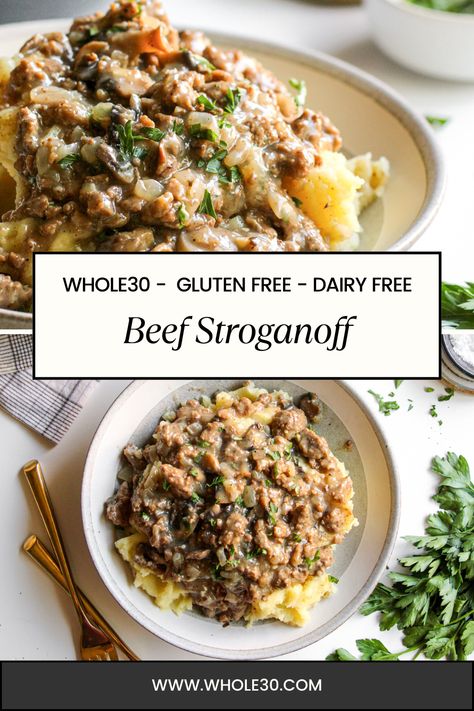 This budget-friendly Whole30 Beef Stroganoff is the perfect 30-minute meal for busy weeknights when you want something delicious without the hassle. Whole30 Beef Stroganoff, Whole 30 Stroganoff, Whole30 Casserole Dinners, Grain Free Meals Clean Eating, Whole 30 Beef Stroganoff, Beef Dairy Free Recipes, Gf Beef Stroganoff, Whole 30 Recipes Beef, Whole Food Beef Recipes