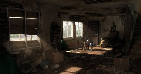 Unity 5: post-apocalyptic house interior - Polycount Forum Interior Concept Art, Apocalypse Art, Rust Belt, Wooden Cottage, Post Apocalypse, Interior Concept, Environment Design, Environment Concept Art, Abandoned Houses