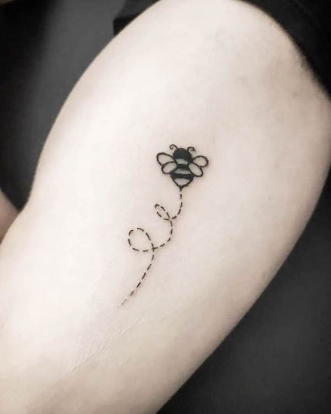 48 Unique Bee Tattoos with Meaning - Our Mindful Life Bee You Tattoo Ideas, Wrist Bee Tattoos For Women, Heart And Bee Tattoo, Bee Trail Tattoo, Happy Bumble Bee Tattoo, Bubble Bee Tattoo Small, Friendship Bee Tattoos, Simple Bee Drawing Tattoo Ideas, Busy Bee Tattoo