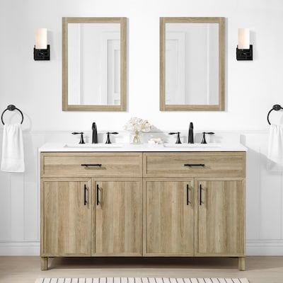 Style Selections Dolton 60-in Natural Oak Undermount Double Sink Bathroom Vanity with White Engineered Stone Top (Mirror Included) in the Bathroom Vanities with Tops department at Lowes.com Engineered Stone Countertops, Oak Bathroom, Single Sink Bathroom, Double Sink Bathroom, Bathroom Top, Stone Sink, Double Sink Bathroom Vanity, White Sink, Sink Countertop