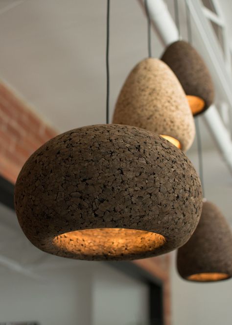 Eco-chic lighting crafted from 100% organic cork—modern, sustainable, and beautifully bold. Transform your home interiors with the Wiid Standard Cork Pendants, a perfect fusion of contemporary design and eco-friendly materials. Made in Cape Town from 100% organic cork, these stunningly bulbous pendants feature a natural aesthetic, ideal for modern homes. The cork is sourced from recycled particles, ensuring a sustainable product that’s both beautiful and kind to the environment, all while being Cork Color Palette, Interior Design Sustainable, Lighting Industrial Design, Sustainable Hotel Design, Cork Interior Design, Natural Materials Interior Design, Organic Design Interior, Recycled Interior Design, Natural Materials Interior