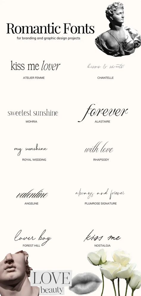 Are you looking to add a romantic element to your branding and graphic design projects? Look no further than these romantic fonts, perfect for adding that extra touch of love and romance to your projects. Whether you are wanting to add a touch of whimsical charm or evoke a feeling of unrequited love, these fonts will provide the perfect backdrop for your design. Romantic Font Pairings, Whimsical Canva Fonts, Romantic Fonts Canva, Romantic Typography Design, Perfectly Loved Tattoo, Romance Tattoo Words, Sophisticated Branding Design, Romance Graphic Design, Love Letter Graphic Design