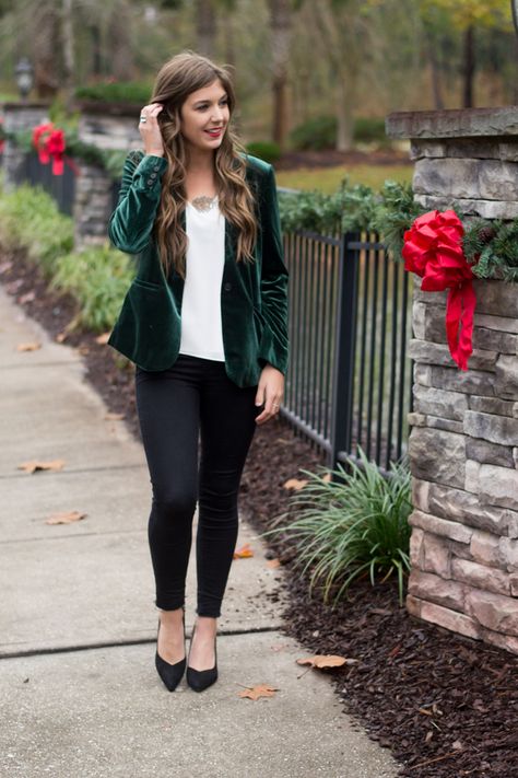 Christmas Party Outfit Idea | Styling Green Velvet Blazer - Chasing Cinderella Crushed Velvet Blazer Outfit, Christmas Blazer Outfits For Women, Green Corduroy Blazer Outfit, Velour Blazer Outfit, Green Velvet Blazer Outfit Women, Emerald Green Jacket Outfit, Christmas Business Casual Outfits, Green Velvet Jacket Outfit, Holiday Dinner Party Outfit