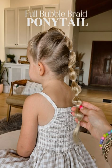 2 Braids Into 1 Ponytail, Toddler Girl Tball Hair, Cute Hairstyle For Girl Kid, Girls Bubble Braid Pigtails, Sports Bubble Braid, Bubble Braid Single, Girls Pool Hairstyles, Bow Pigtails Hairstyle, Cute Preschool Hairstyles