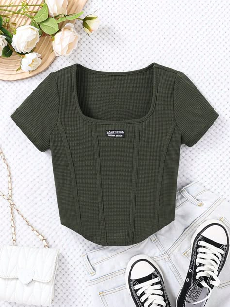 Army Green Casual Collar Short Sleeve Knitted Fabric Letter  Embellished Slight Stretch  Teen Girls Clothing Stylish Outfits For Teens, Clothes For Teenagers, Cute Tops For Teens, Tops For Teens, Cute Outfits With Shorts