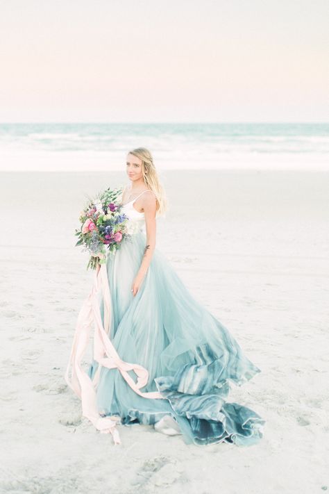 Mermaid Inspired Wedding, Renewal Vows, Wedding Mermaid, Bohemian Beach Wedding Dress, Blue Beach Wedding, Magenta Wedding, Blue Wedding Dress, Simple Wedding Gowns, Sea Dress