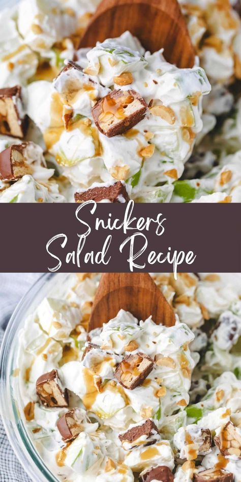 Snickers salad is an easy, 3-ingredient dessert salad recipe! This quick candy bar salad takes just 5 minutes to make. Candy Bar Salad, Summer Cookout Desserts, Healthy Cookout, Snickers Caramel Apple Salad, Dessert Salad Recipes, Cookout Desserts, Snicker Apple Salad, Grape Salad Recipe, Snickers Salad