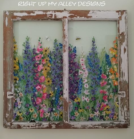 Window Pane Art, Painted Window Art, Chic Farmhouse Decor, Window Crafts, Window Projects, Flowers Painted, Shabby Chic Farmhouse, Vintage Windows, Window Pane