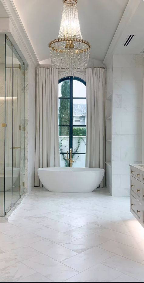 Master Bath With Patio Door, Tub In Front Of Shower Wall Master Bath, French Modern Bathroom, White Master Bath Ideas, Dream Bathrooms Luxury Master Bath, Master Bath Cabinets, Modern Mediterranean Bathroom, Marble Master Bath, Master Bath Layout