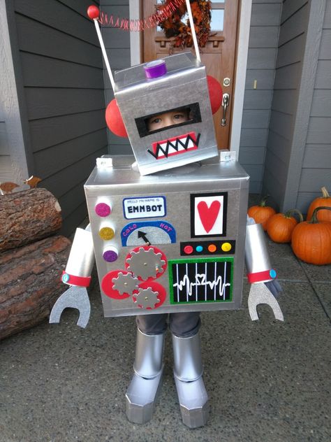 Robot Costumes Diy, Space Robot Costume, Adult Robot Costume, Toddler Robot Costume Diy, Cardboard Robot Costume Diy, Diy Robot Costume Toddler, Robot Costume Toddler, Box Costumes For Adults, Robot Trunk Or Treat