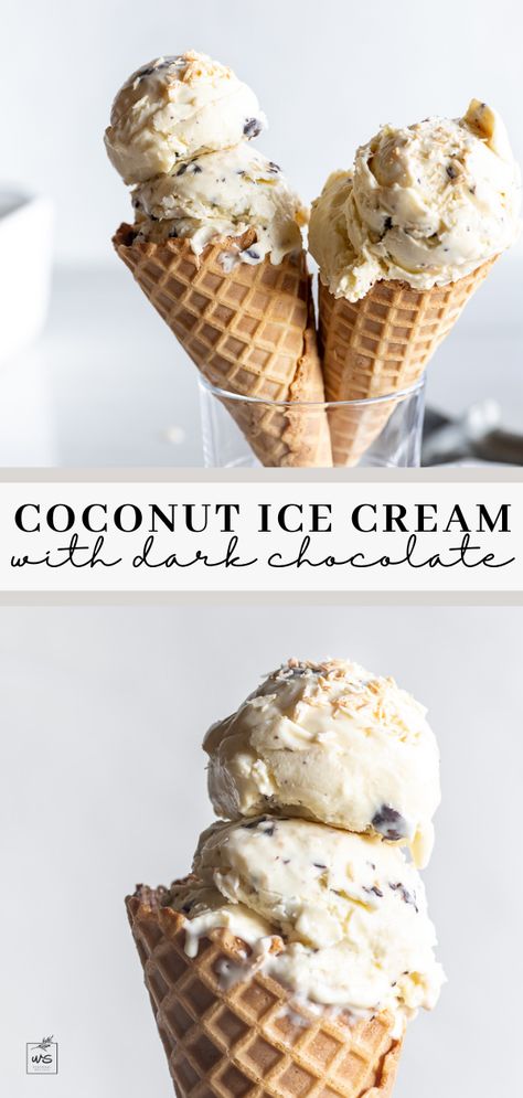 This silky toasted coconut ice cream is made with real dairy and two forms of coconut. Mix in dark chocolate and sprinkle almonds for the best homemade coconut ice cream! Follow me on Pinterest for more recipes like this! Homemade Coconut Ice Cream, Coconut Milk Pudding, Chocolate Board, Coconut Ice Cream Recipes, Homemade Custard, Artisan Pizza, Coconut Ice, Homemade Granola Bars, Coconut Custard