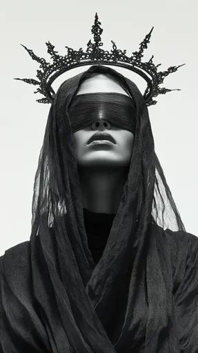 ↑↑↑ Larger size on website 🔸 A person wearing a black, intricately designed crown and a flowing black veil, obscuring their eyes Veil And Crown, Black Blindfold, Crown Drawing, Gothic Crown, Veiled Woman, White Veils, Butterfly Fashion, Short Veil, Face Veil