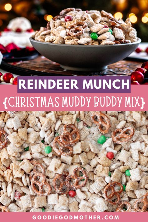 Give Santa what he really wants this year! Whip up a batch of this delicious sweet cereal snack mix with a festive Christmas twist! This Reindeer Munch - aka Christmas Puppy Chow or Muddy Buddies recipe - makes a great treat for movie nights or a fun filler for cookie platters. p.s. - This treat is not for reindeer or puppies. Just humans. Reindeer Munch, Christmas Puppy Chow, Puppy Chow Christmas, Reindeer Chow, Aka Christmas, Puppy Chow Recipe, Christmas Party Snacks, Cookie Platters, Christmas Dip