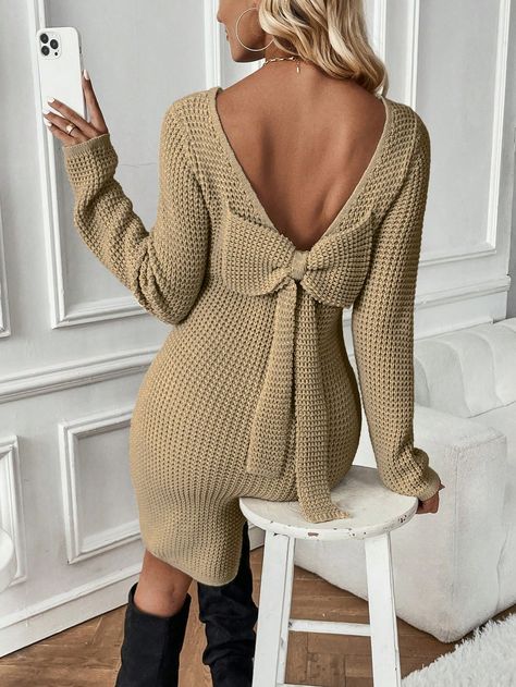 Khaki Sexy Collar Long Sleeve Fabric Plain  Embellished Slight Stretch  Women Clothing Backless Sweater Dress, Long Sleeve Backless Dress, Backless Sweater, Knitted Bodycon Dress, Sweater Dresses, Sweater Dress Women, Women Sweater, Fabric Collars, Clothing Size Chart