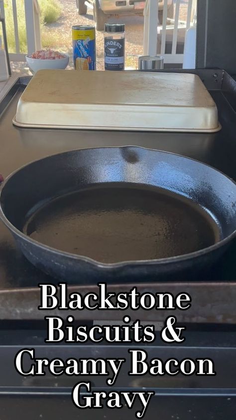 Biscuits and Creamy Bacon Gravy on the Blackstone! I do love me some sausage gravy, but this just hits ya different and in a good way 🥓❤️🥓 @blackstoneproducts @blackstonerecipes @blackstonegriddlefans @kindersflavors | Smokehouse Nick | Smokehouse Nick · Original audio Camping Breakfasts, Bacon Gravy, Sausage Biscuits, Blackstone Recipes, Blackstone Grill, Camping Breakfast, Breakfast Party, Sausage Gravy, Biscuits And Gravy