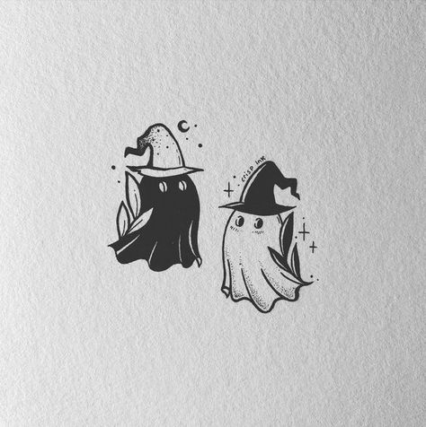 Cute Matching Halloween Tattoos, Halloween Cat Tattoo Ideas, Cool Ghost Tattoo, Small Fun Tattoo Ideas, Cat Matching Tattoos, Ghost Matching Tattoos, Ghost Cat Drawing, Two Ghosts Tattoo, Cat Ghost Tattoo