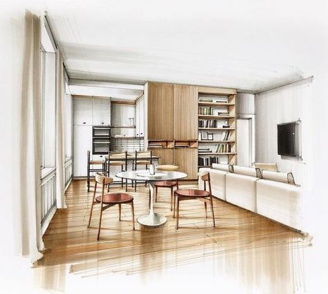 Transforming All Types of Spaces through the Skill of Sketching Interior Design Procreate, Living Room Sketch, Kitchen Sketch, Interior Architecture Sketch, Interior Sketches, Interior Design Sketchbook, Furniture Design Sketches, Interior Design Renderings, Interior Architecture Drawing