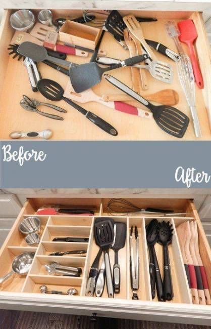 Diy Kitchen Drawer Ideas, Utensils Organization Ideas, Wooden Drawer Organizer, Kitchen Utensil Storage, Utensil Drawer, Wooden Drawer, Kabinet Dapur, Utensil Storage, Diy Kitchen Renovation