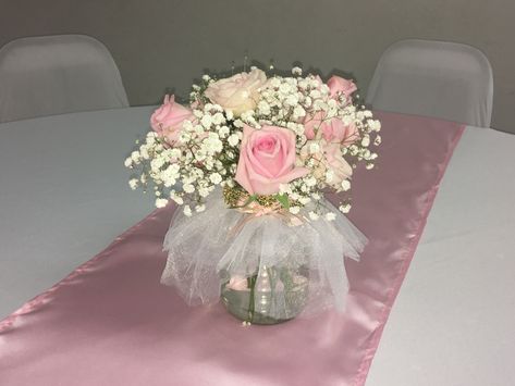 Baby In Bloom Centerpieces Diy, Diy Flower Spray Wedding Ideas, Pink And White Rose Centerpieces, Pink And White Baby Shower Flowers, Pink Quince Centerpieces Simple, Coquette Centerpieces, Light Pink Flower Centerpieces, Pink Quince Centerpieces, Baby In Bloom Centerpieces