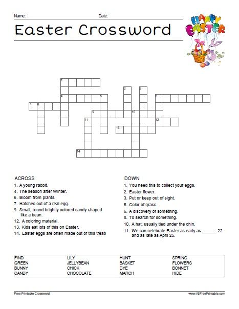 Free Printable Easter Crossword. Free Printable Easter Crossword Puzzle, a free and fun activity to celebrate Easter this month of March or April. Print this crossword free and share it with your kids at home or students at school or homeschool. Have fun solving the 16 words Easter Crossword puzzle that includes words like Candy, Lily, Eggs, Bunny, Find, Hunt, Easter Printables Preschool, Easter Crossword, Egg Printable, Word Puzzles For Kids, Easter Egg Printable, Puzzle Printable, Easter Bingo, Easter Puzzles, Easter Worksheets