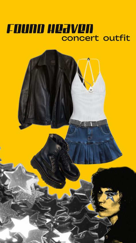 found heaven conan gray concert outfit, denim skirt, leather jacket, doc martens Denim Skirt Leather Jacket, Conan Gray Outfit, Conan Gray Concert Outfit, Conan Gray Concert, Outfit Denim Skirt, Concert Makeup, Outfit Denim, Concert Fits, Grey Outfit