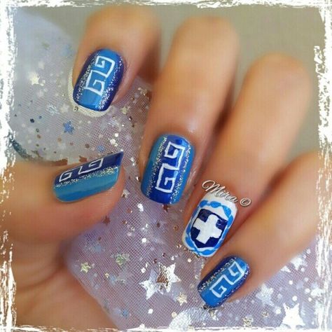 greek nail art | Greek Nails Nails For Greece, Country Nail Art, Greek Nails, Grecian Hair, Grecian Hairstyles, Greek Party, Greek Independence, Goddess Party, Greek Christmas