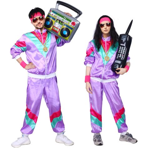 PRICES MAY VARY. 📟【Takes You Back to the 80s 90s】: Are you looking for an eye-catching and casual costume for the next carnival party? Then this mens 80s tracksuit is just the thing for you. Embrace the bold and lively style of the 90s with this eye-catching Outfit. Dress up with family and friends and enjoy the party happily. 📠【Complete 80s & 90s Outfit】This 80s tracksuit women set includes 9 pcs, such as 1 * sportswear set, 1 * inflatable cell phone, 1 * large radio, 1 * Necklace, 1 * Ring, Tracksuit Outfit For Men, Mens 80s Costume, 80s Costume For Men, 90s Hip Hop Costume, 80s Tracksuit, 80s Dress Up, 80s Halloween Costumes, Hip Hop Festival, The 80s Fashion