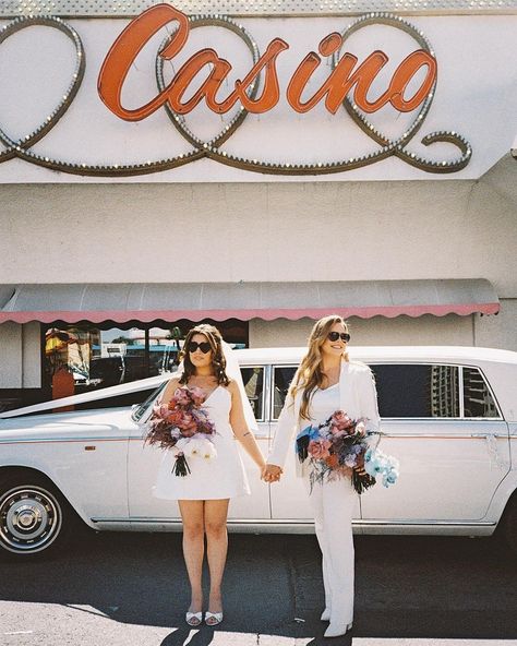 Wanna elope in Vegas? Do it! ⚡🌹⁠ ⁠ Photography @andi__artigue⁠ Car @royalridesvegas⁠ Florals @blumenhaus___⁠ MU&H @rubyfinchsalon⁠ Planning @p3events⁠ Elope In Vegas, Queer Weddings, Vegas Elopement, Las Vegas Elopement, Modern Wedding Inspiration, Lgbtq Wedding, Lesbian Wedding, Las Vegas Weddings, Vegas Wedding