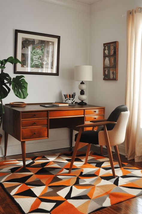 31+ Chic Home Office Ideas to Revamp Your Workspace Mid Century Workspace, Retro Study Room, Home Office Mid Century Modern, Chic Home Office Ideas, Mid Century Modern Office Design, 50s Office, 70s Desk, Mid Century Office Desk, Mid Century Modern Desk Chair