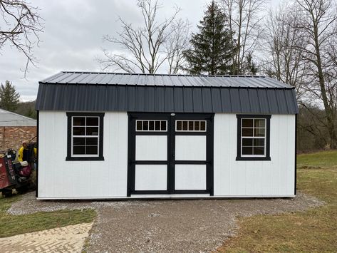 Black And White Shed Exterior, White Shed With Black Trim, White And Black Shed, White Shed Black Trim, Black And White Shed, 12x20 Shed, Shed Black, White Shed, Black And White Exterior