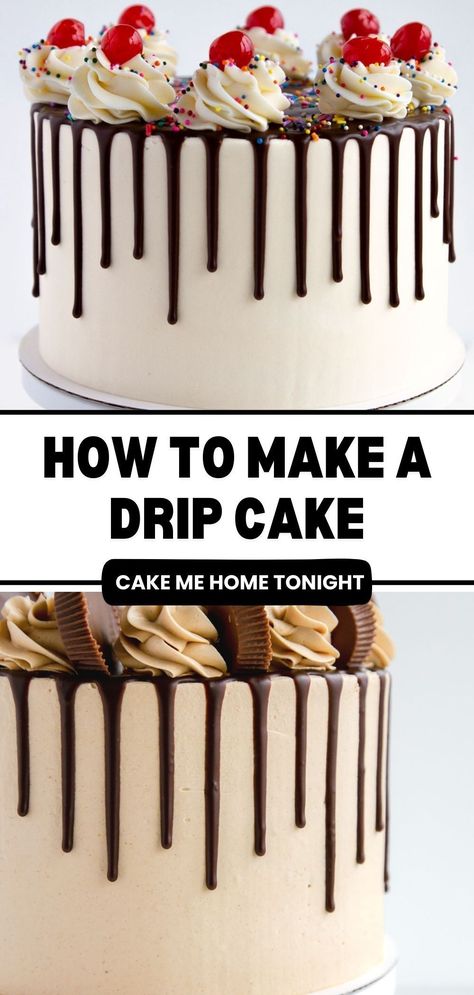 Learn how to make a drip cake step by step, as well as tips and tricks to make the best drip. Easy Chocolate Drip Cake, Chocolate Drip For Cake, Chocolate Drip Cake Recipes, Chocolate Ganache Drip Recipe, How To Drip Cake, Chocolate Topping For Cake, How To Make Dripping Icing, Diy Cake Drip, Fall Drip Cake