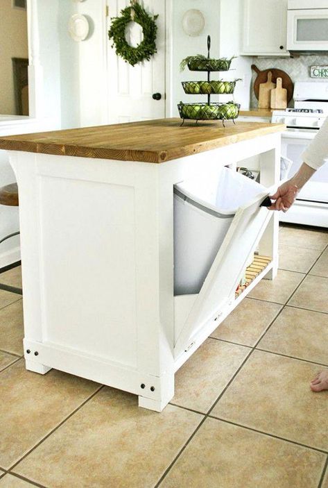 DIY movable  Kitchen Island with Trash Storage #KitchenIsland #kitchenstorage Kitchen Island With Trash Storage, Kitchen Island With Trash, Trash Storage, Unique Kitchen Design, Kitchen Diy Makeover, Diy Kitchen Renovation, Diy Kitchen Storage, Diy Kitchen Island, Classic Kitchen