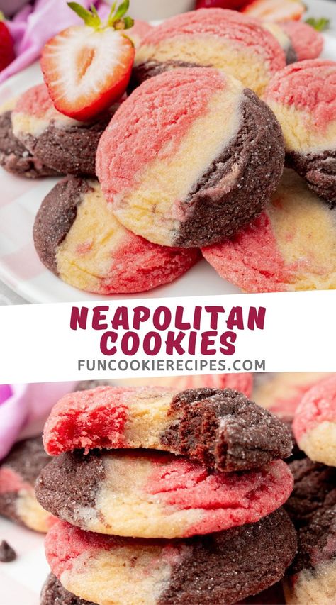 Neapolitan Cookies Creative Cookie Flavors, Unique Christmas Cookie Flavors, Colorful Cookies Recipes, Unique Desserts To Sell, Easy Desserts To Sell, Cookie Flavors Ideas, Neapolitan Cookie, Unusual Cookies, Weird Cookies