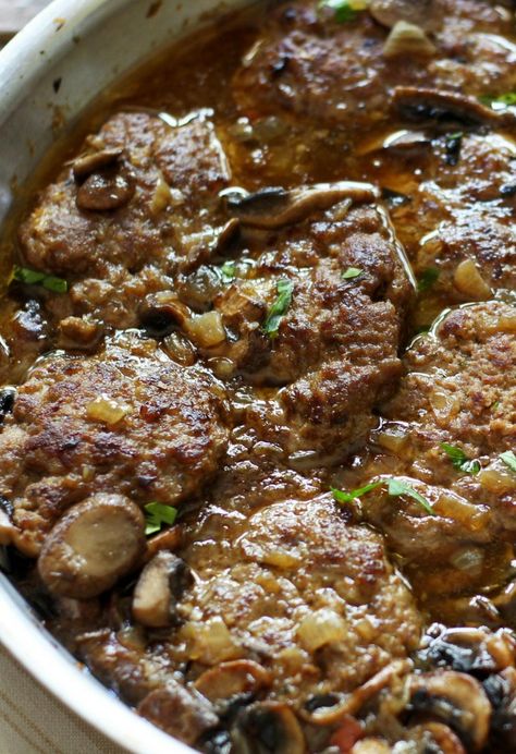 Homemade Lighter Salisbury Steaks Easy Salisbury Steak Recipe, Steaks Recipes, Salisbury Steaks, Easy Salisbury Steak, Salisbury Steak Recipe, Salisbury Steak Recipes, Homemade Cookbook, Ground Sirloin, Low Sodium Recipes