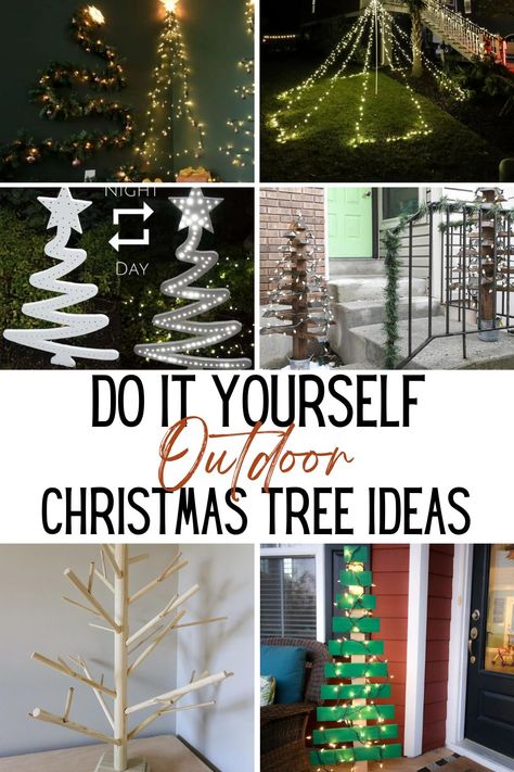 DIY outdoor Christmas tree ideas! Outdoor Diy Xmas Decorations, Diy Outdoor Christmas Tree With Lights, Outdoor Christmas Tree Ideas Diy, Outdoor Wood Christmas Tree Diy, 2x4 Christmas Tree Outdoor, Christmas Tree Outdoor Diy, Diy Spiral Christmas Tree Outdoor, Diy Christmas Tree Planter, Diy Outdoor Lighted Christmas Tree